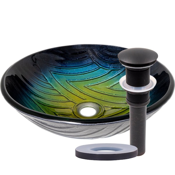 Novatto Hand Painted Faded Navy to Yellow Glass Vessel Bathroom Sink, Oil Rubbed Bronze TIG-8123BORB - main